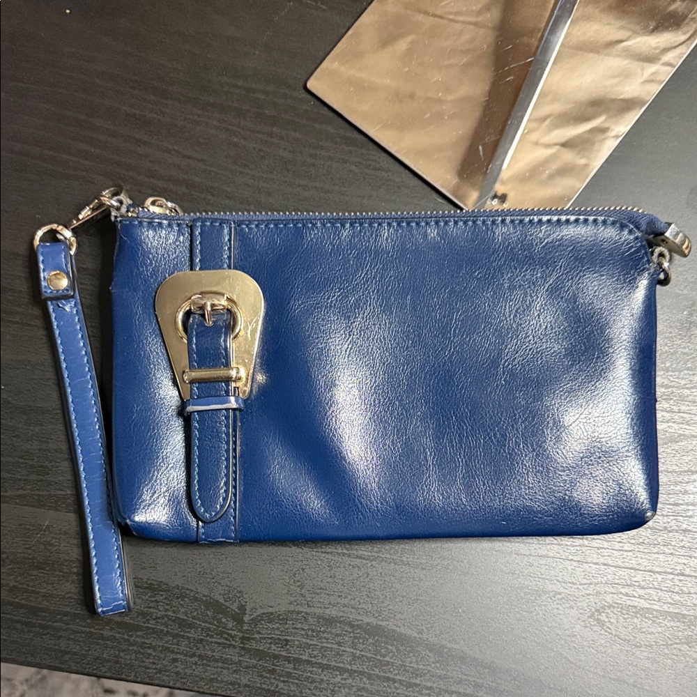 Blue Leather Wristlet Clutch